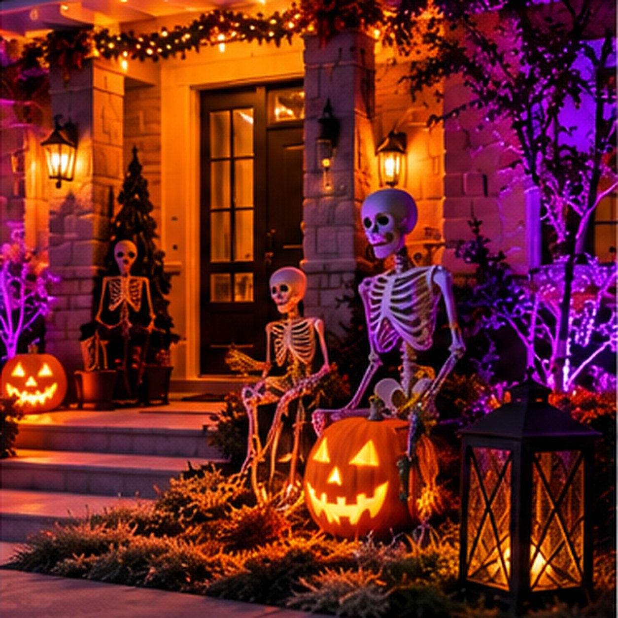 A Halloween porch with skeletons, jack-o-lanterns and violet uplighting