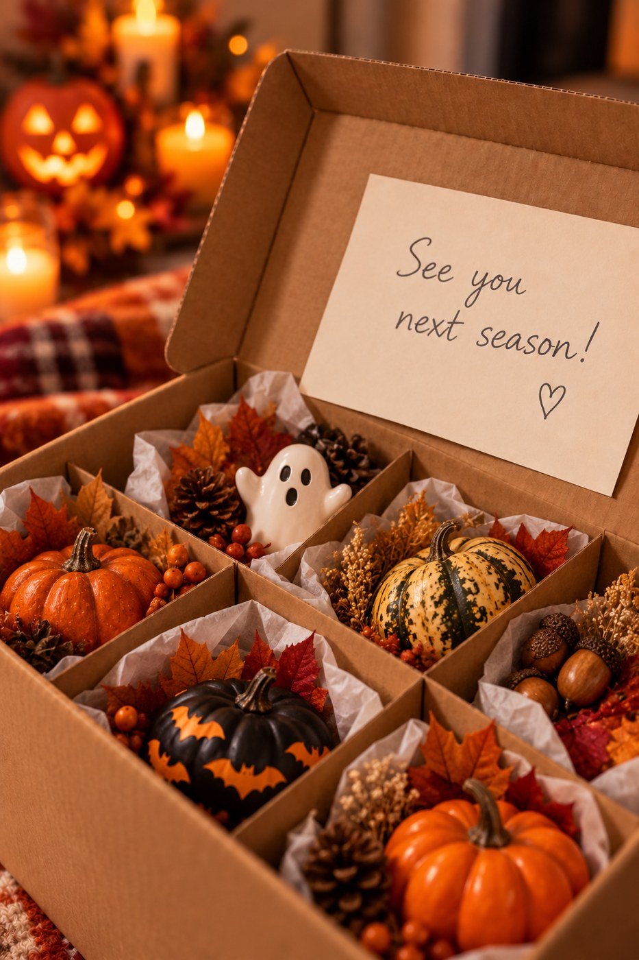 A divided box of fall and Halloween décor in tissue with a handwritten see you next season note