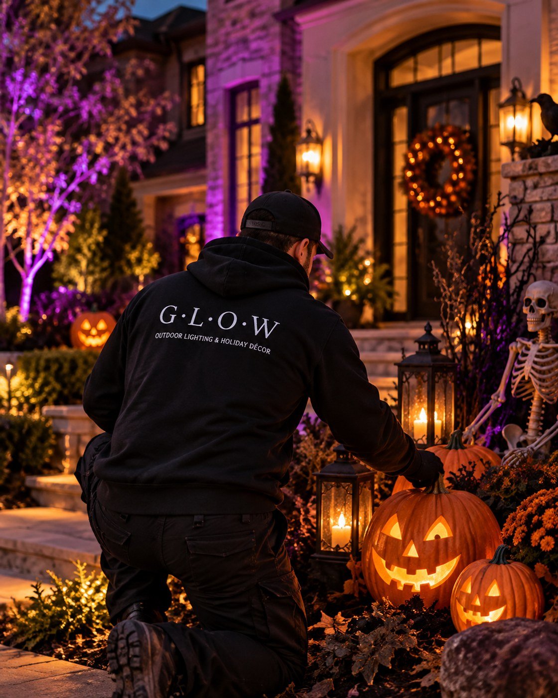 A GLOW installer setting lit jack-o-lanterns and lanterns by a front walk